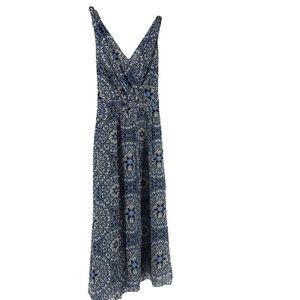 Carolina Issa Nordstrom Signature Dress 12 Blue Maxi Silk V Neck Kaleidoscope